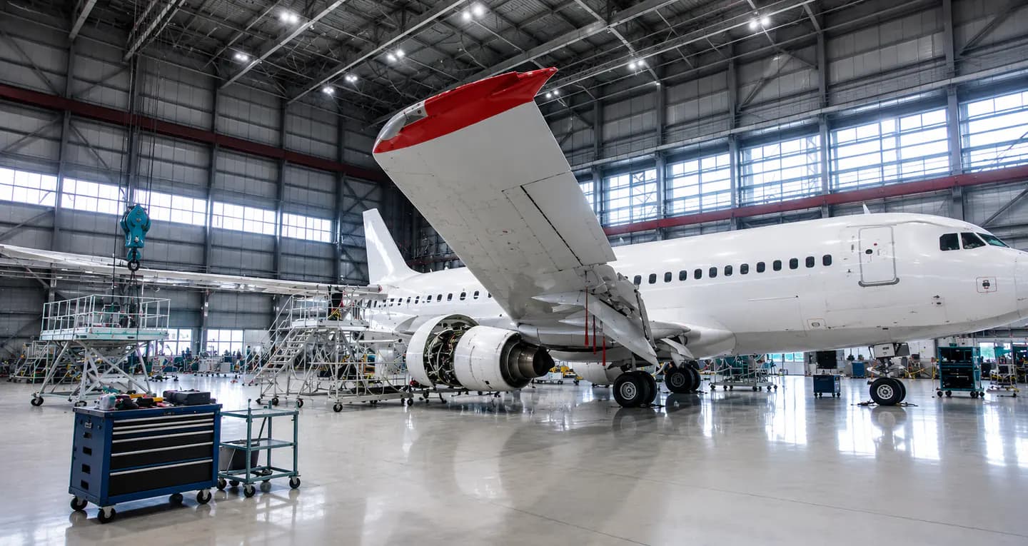 Commercial aircraft in a maintenance hangar during airline parts and MRO operations