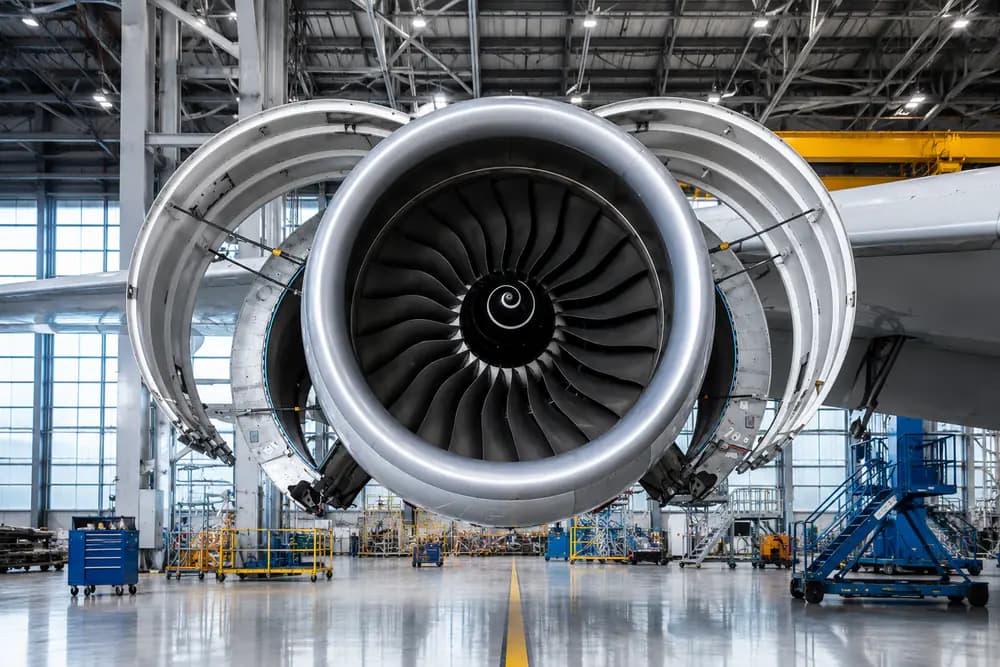 Turbofan engine maintenance inside an aircraft hangar