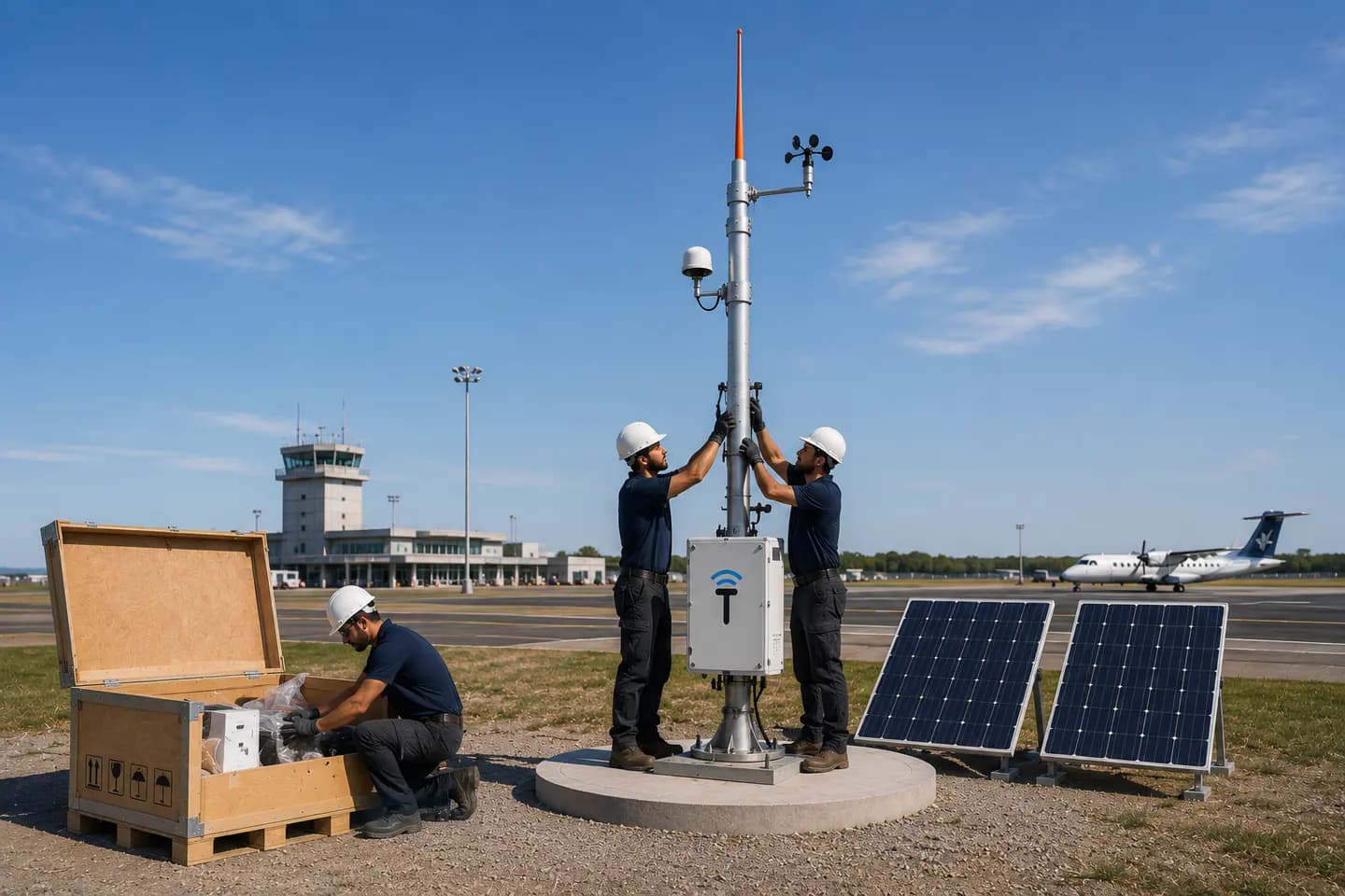 Technicians installing a MicroTower advisory system at an airport