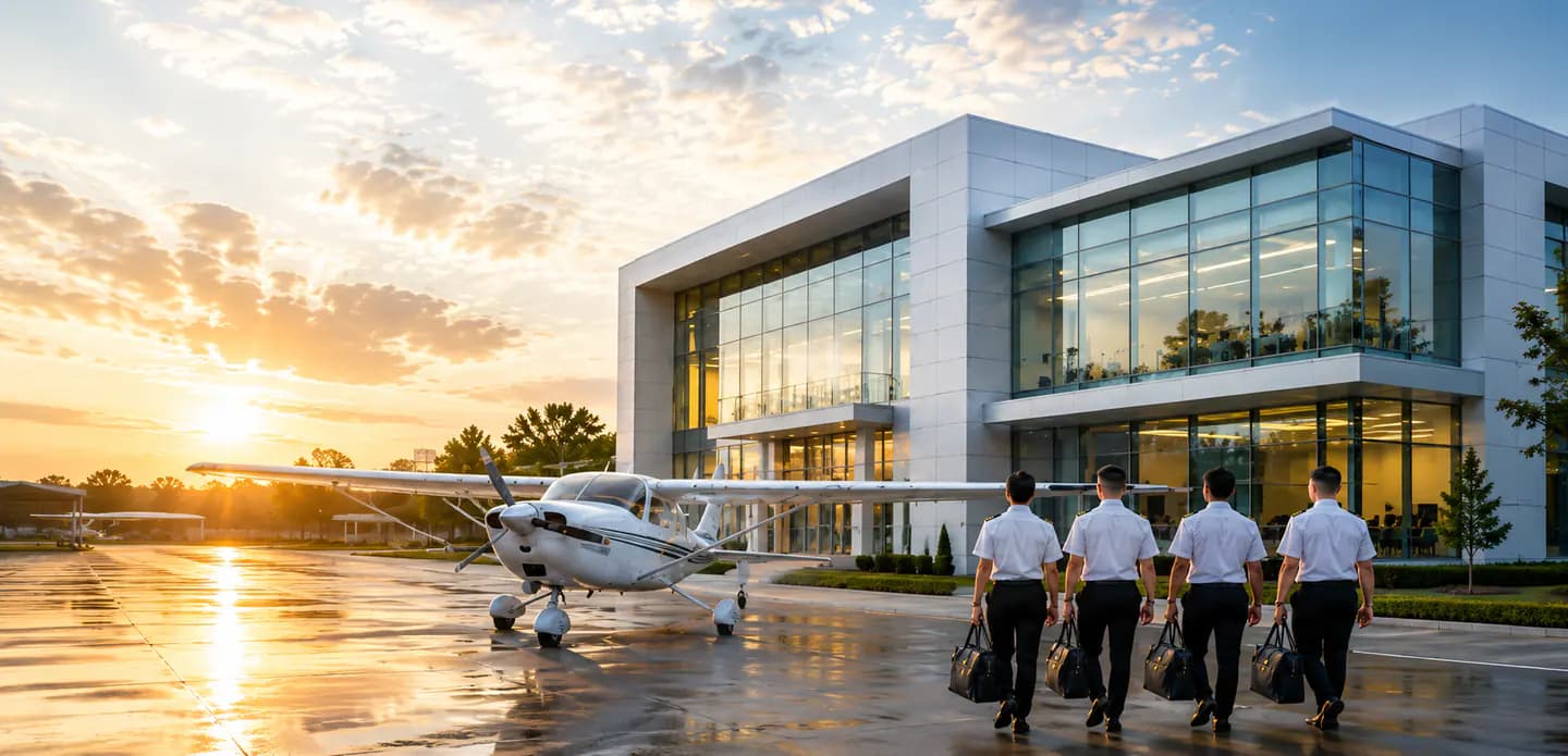 Pilot trainees walking toward a training aircraft at an aviation academy
