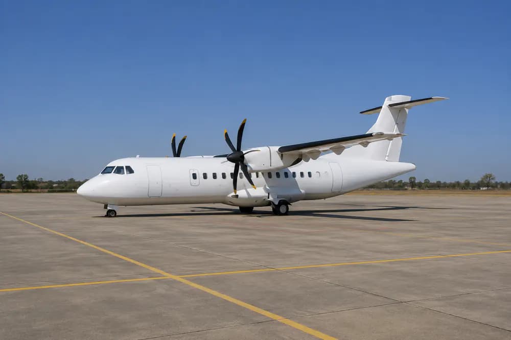 Regional turboprop aircraft parked on an airport apron