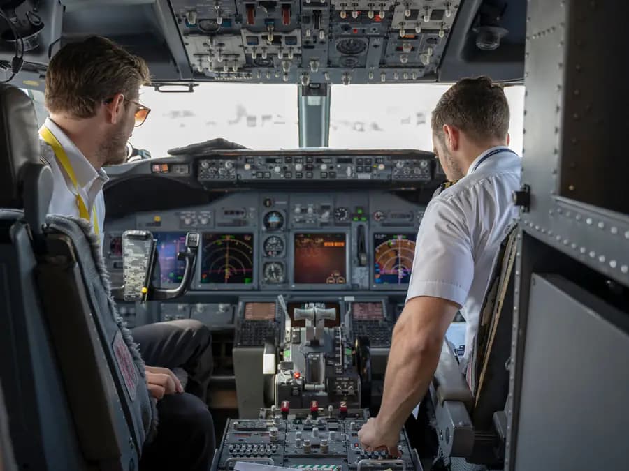 Flight crew reviewing conventional cockpit avionics