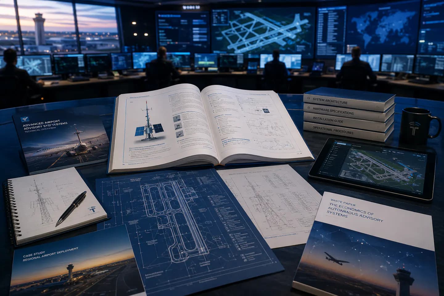 Aviation technical documentation, specifications, and advisory-system resources in an operations control room