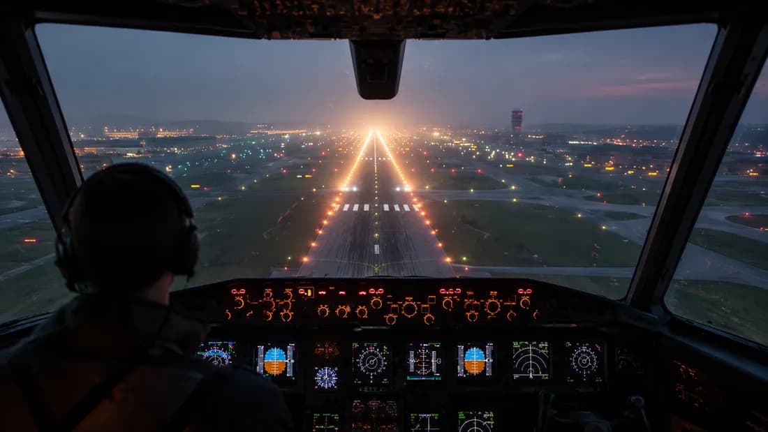 Pilot cockpit view of illuminated runway approach and airport lighting at dusk