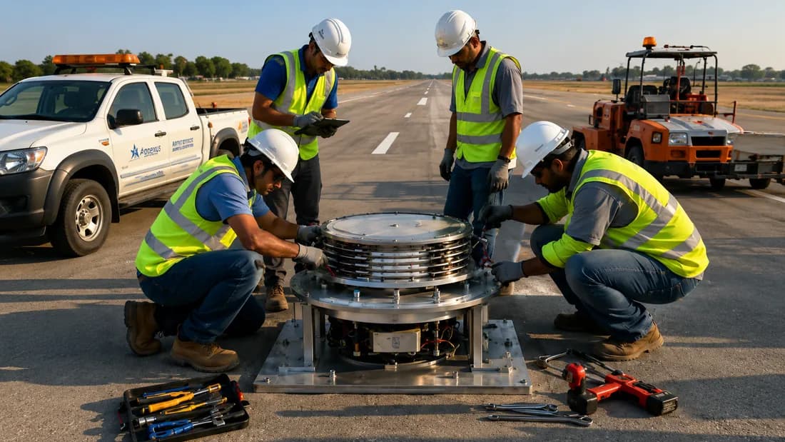 Airfield technicians installing runway lighting equipment on an active runway