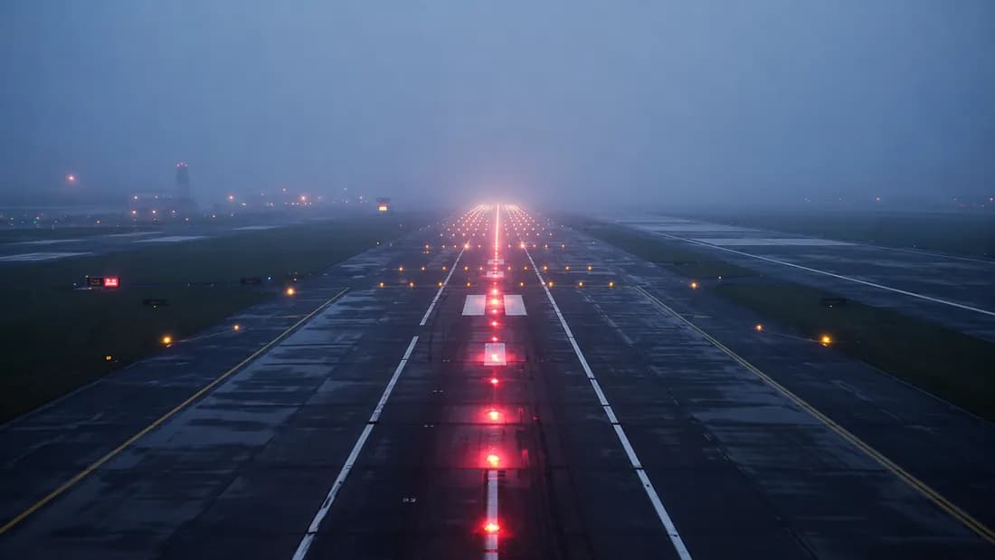 Runway centerline and edge lighting visible through low-visibility conditions