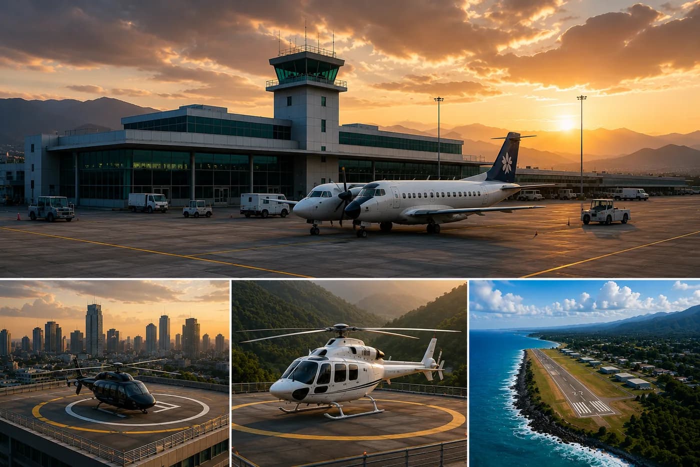 Composite aviation environments showing a regional airport, heliports, island runway, and operational airfields